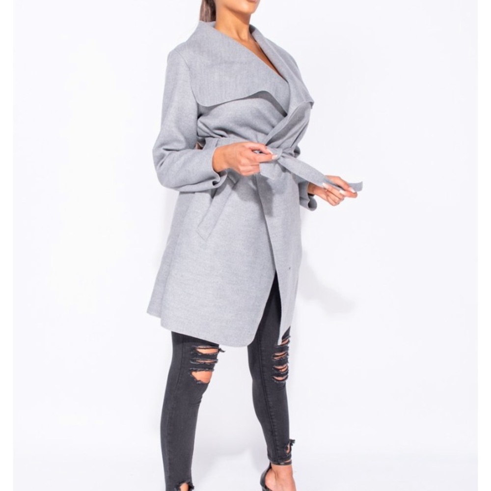 Grey Belted Waterfall Coat - Picture 4 of 7